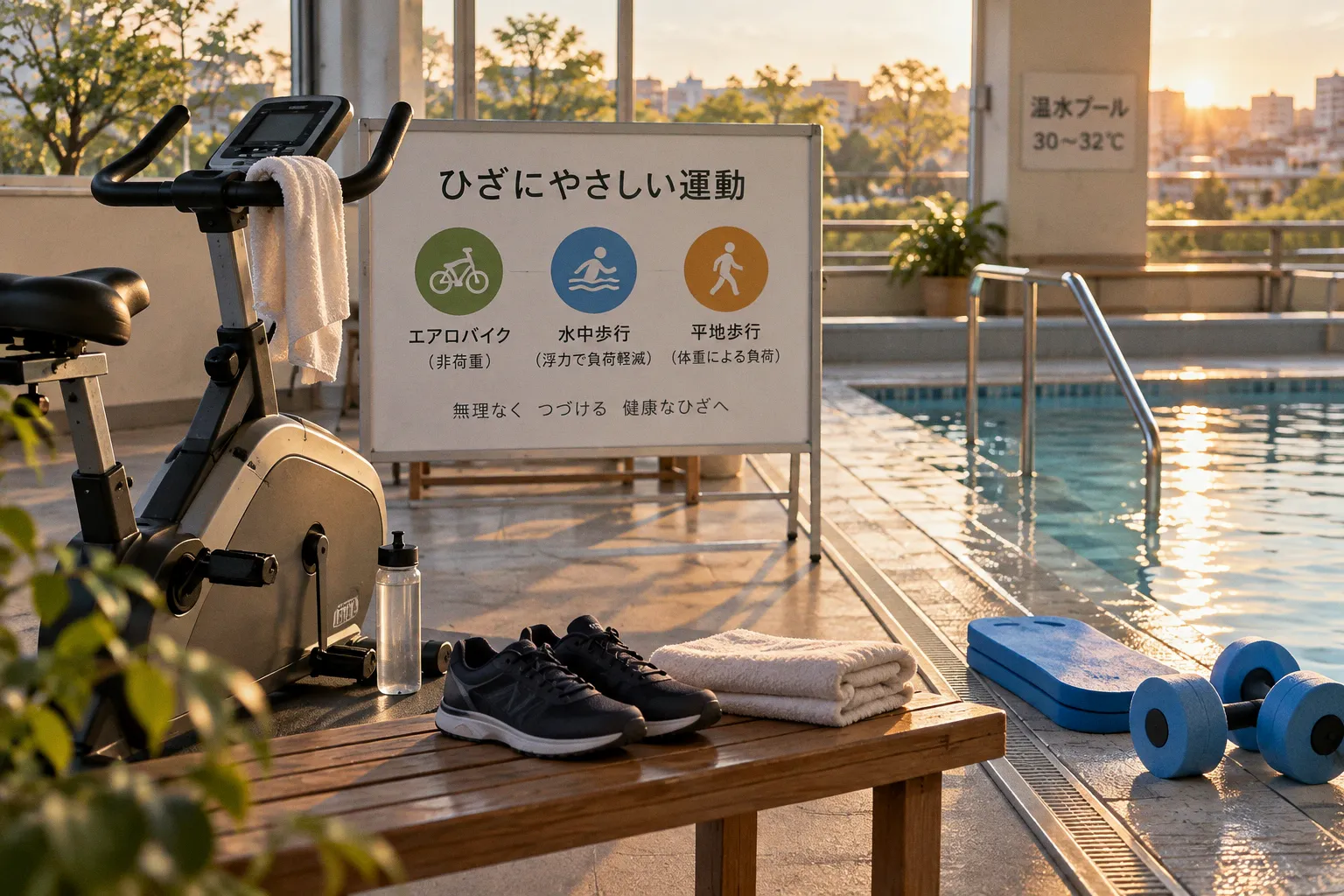 変形性膝関節症の有酸素運動|エアロバイク・水中歩行・平地歩行の関節負荷と効果比較